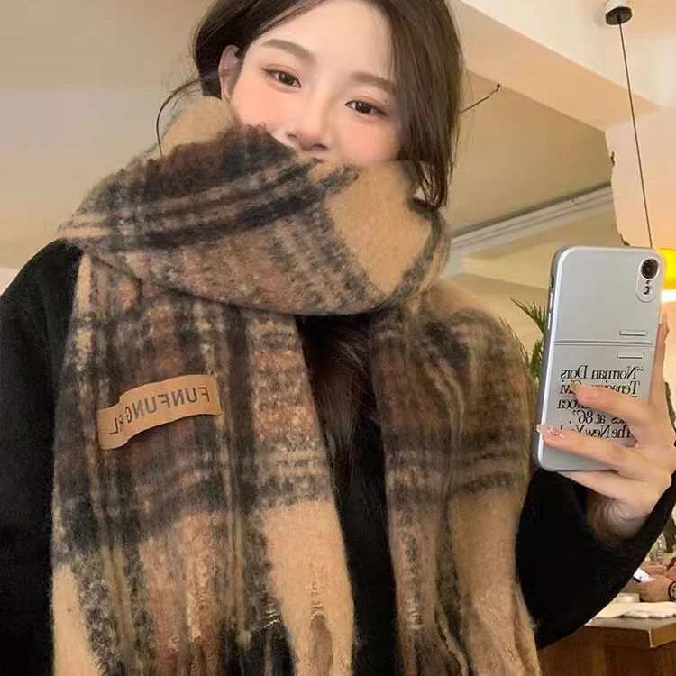 拉德咖美新款围巾秋冬季冬季格子高级复古百搭围脖披肩加厚保暖