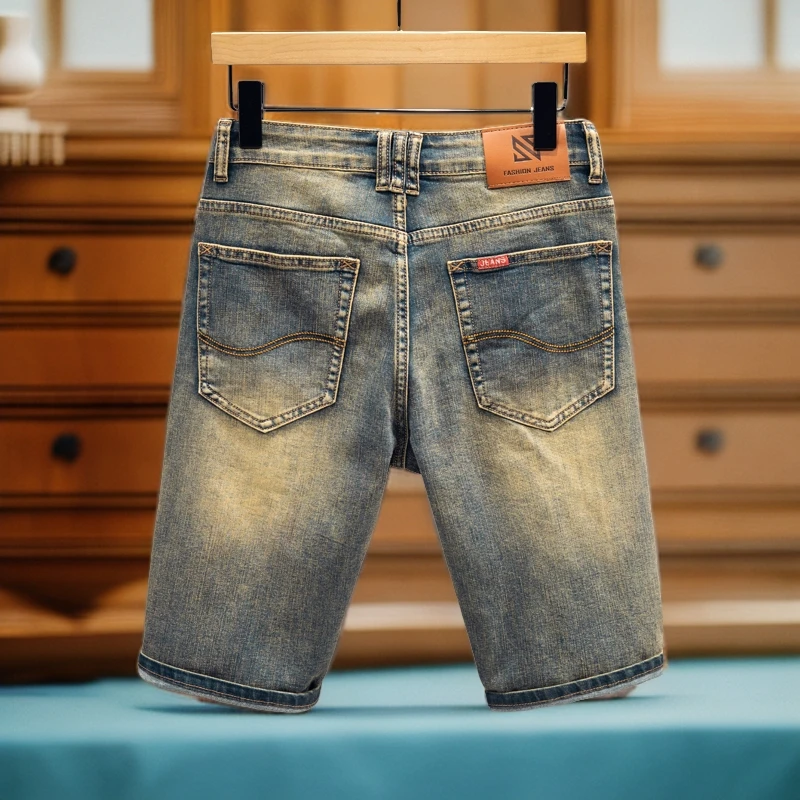夏季薄款修身牛仔短裤休闲五分裤子复古黄泥色宽松男装牛仔裤