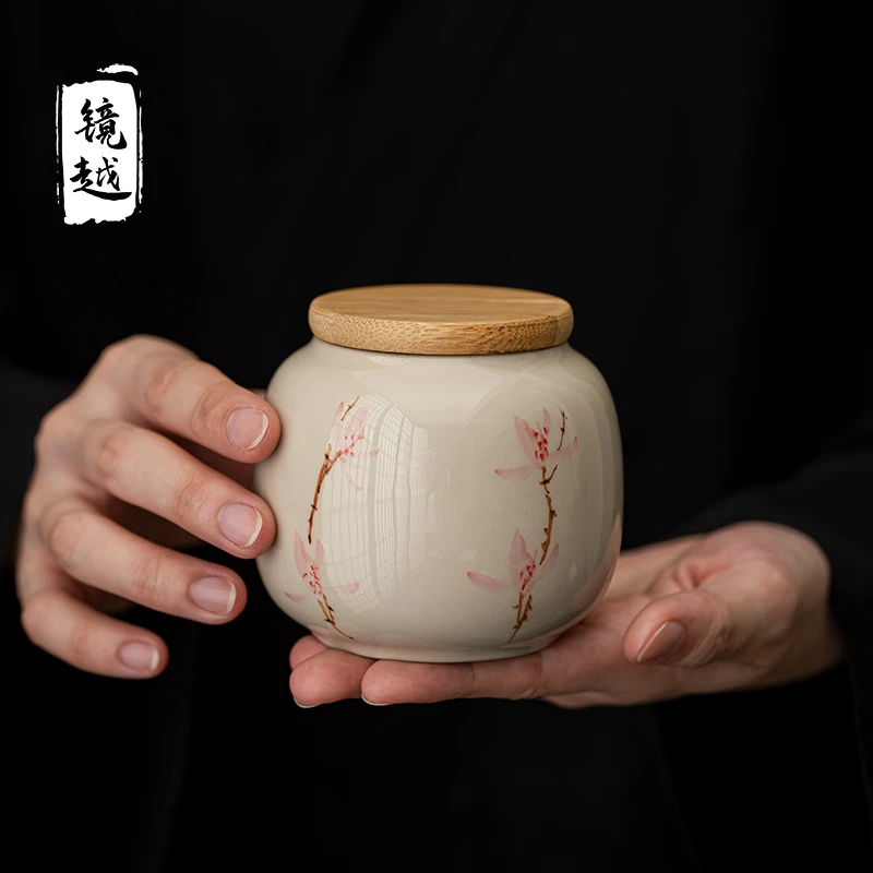 手绘粉兰花茶叶罐密封罐陶瓷创意复古茶仓家用茶叶储存防潮罐密封