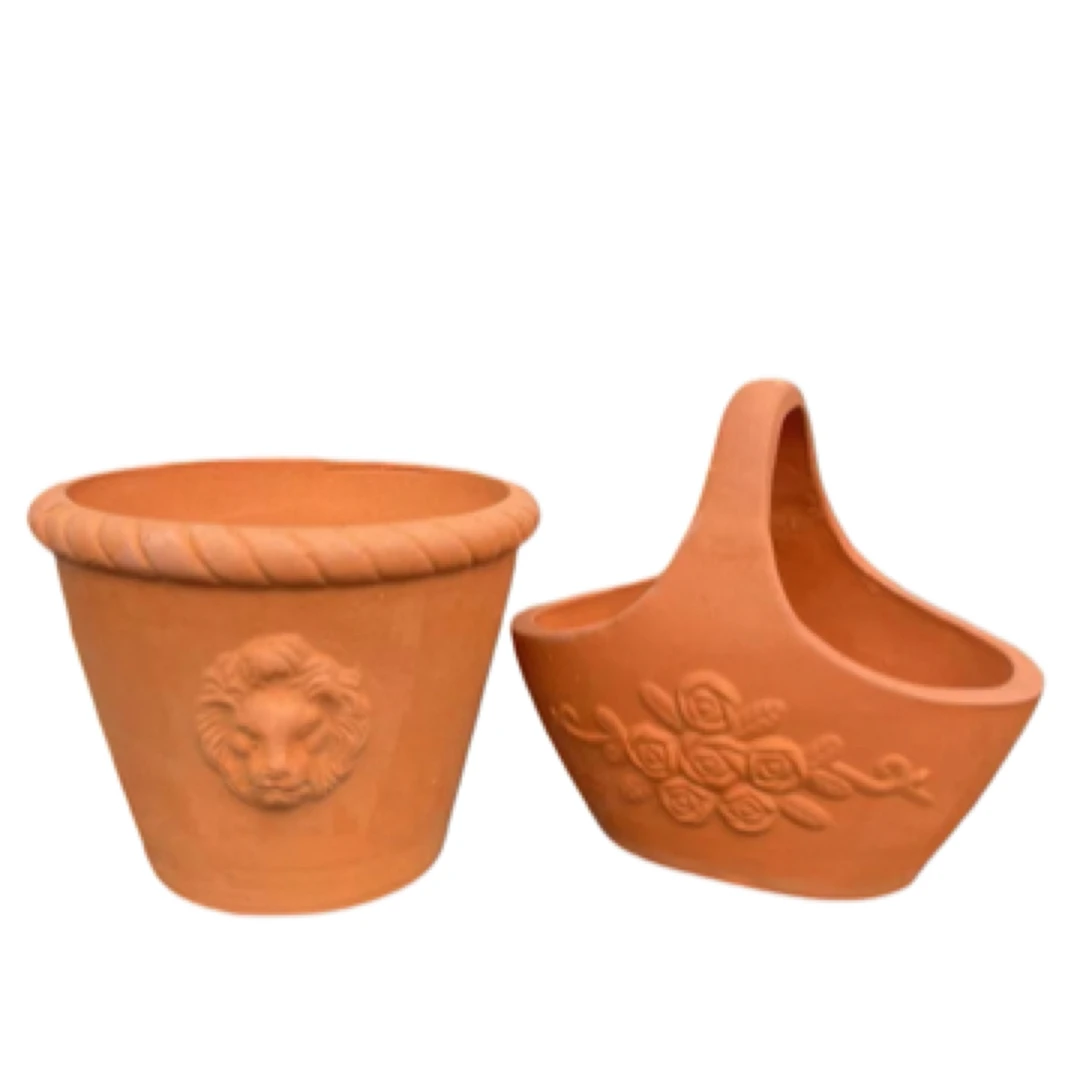 敞口狮子浮雕园艺装饰品-高温红陶盆-陶土花篮欧式土陶罐-花篮