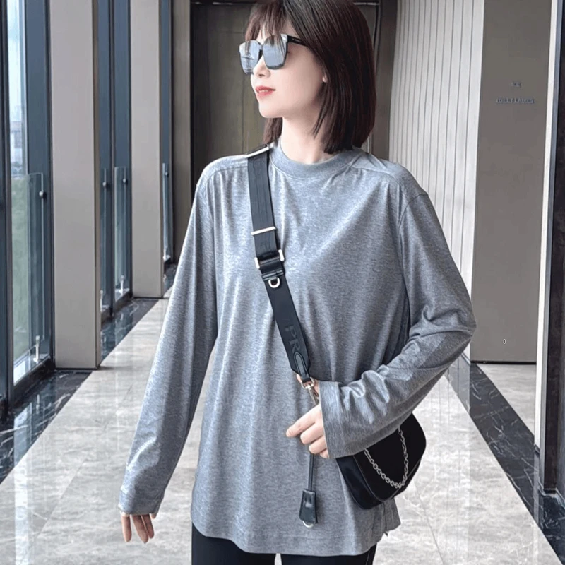 2024秋季新款简约百搭纯色休闲长袖圆领薄款T恤女装5301091