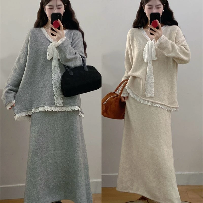 大码秋季新款胖MMV领蕾丝花边毛衣+半身裙两件套9191