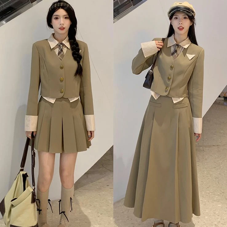 C-8454秋季学院风假两件短款西装外套+半身裙套装