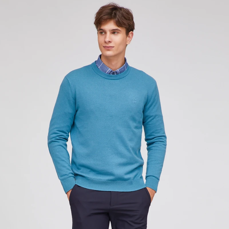 SMITHPOLOV/斯密特保罗冬装新款圆领保暖刺绣羊毛衫全羊毛内搭