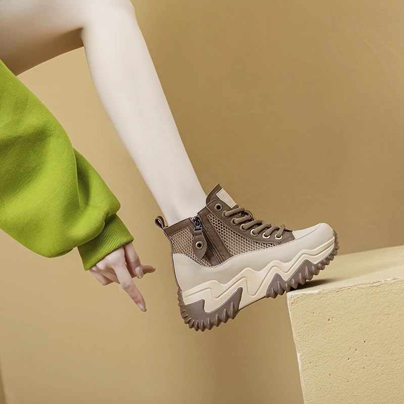 春夏新款女鞋小个子厚底增高8CM时尚休闲高帮圆头拼色老爹鞋