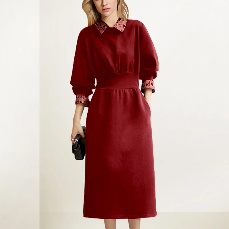 法式翻领红色连衣裙女2025年秋装新款气质收腰显瘦百搭简约中长裙