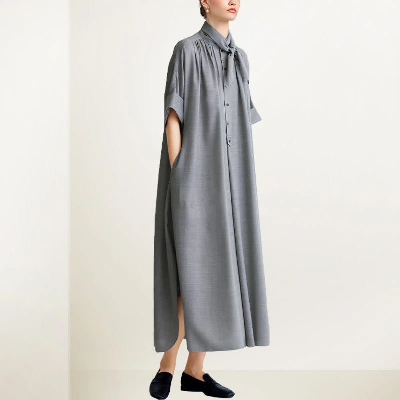 绑带碎褶中袖衬衣连衣裙女2025年夏款设计感直筒显瘦中长款A字裙