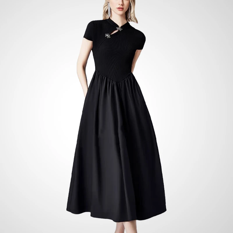 新中式设计感高腰修身连衣裙女2025夏新款显瘦通勤气质优雅中长裙