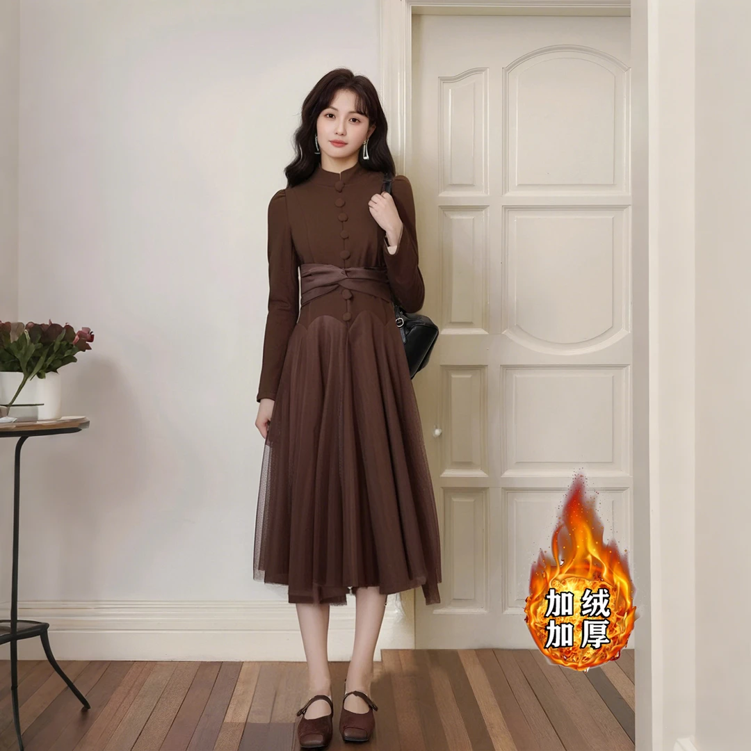 【加绒加厚】气质时尚法式复古设计感连衣裙名媛收腰网纱长裙秋2653