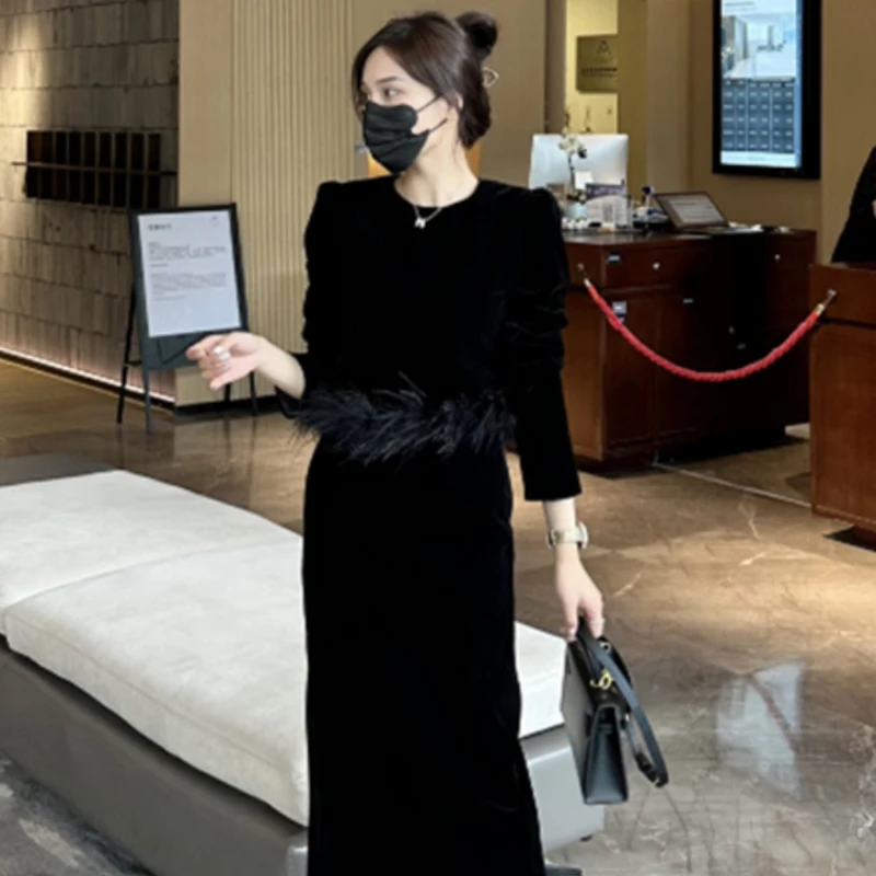 【两件套】秋冬季新款圆领拼接长袖上衣高腰显瘦开叉半身裙套装2459