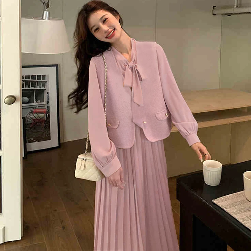 【千艺】【有里布】粉色马甲连衣裙两件套女春秋季网红漂亮裙子2150