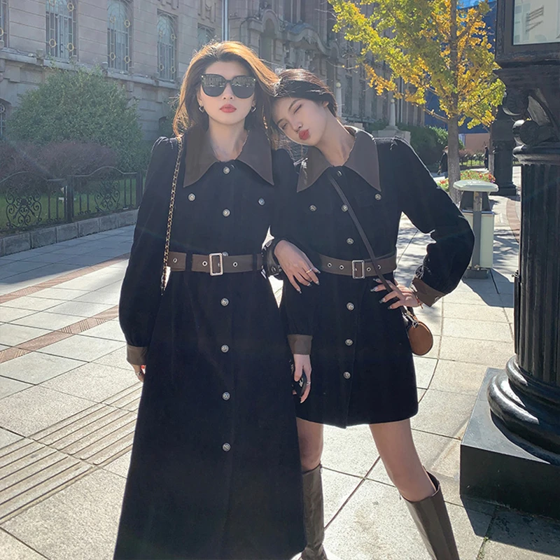 韩版女装连衣裙显瘦收腰中长款复古小黑裙复古气质小香风裙子7880