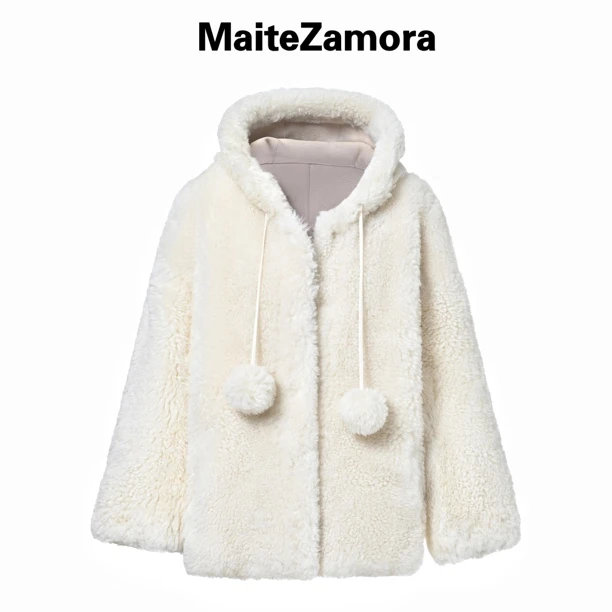 MaiteZamora萌感毛球款进口田纳西羊毛革百搭减龄外套
