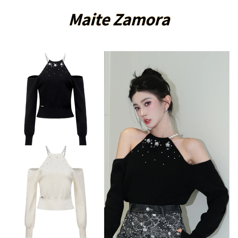 MaiteZamora可拆卸珍珠挂脖露肩重工珠绣氛围感毛衣