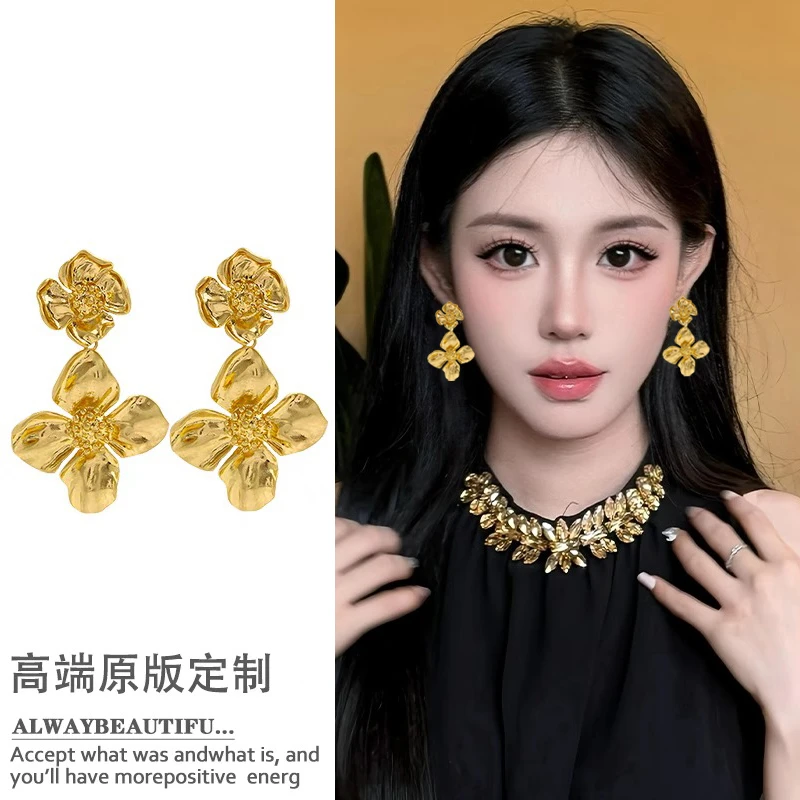 925银耳饰 长款显瘦耳环金色复古耳坠夸张花朵轻奢高级感气质耳钉