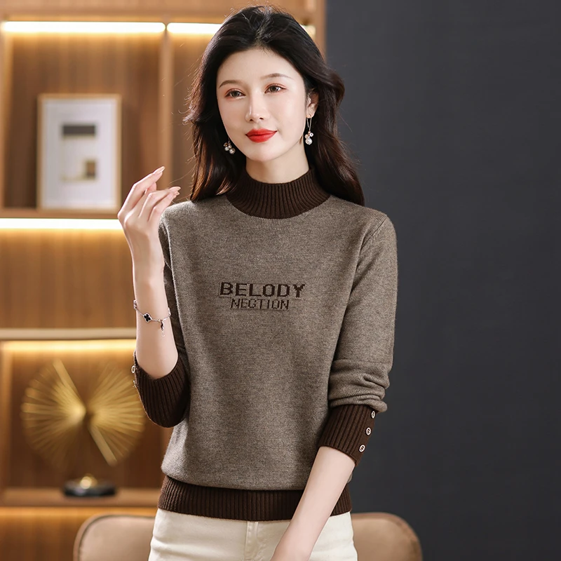 【绵羊毛】冬季新款女装宽松半高领加厚套头长袖套头提花针织毛衣女