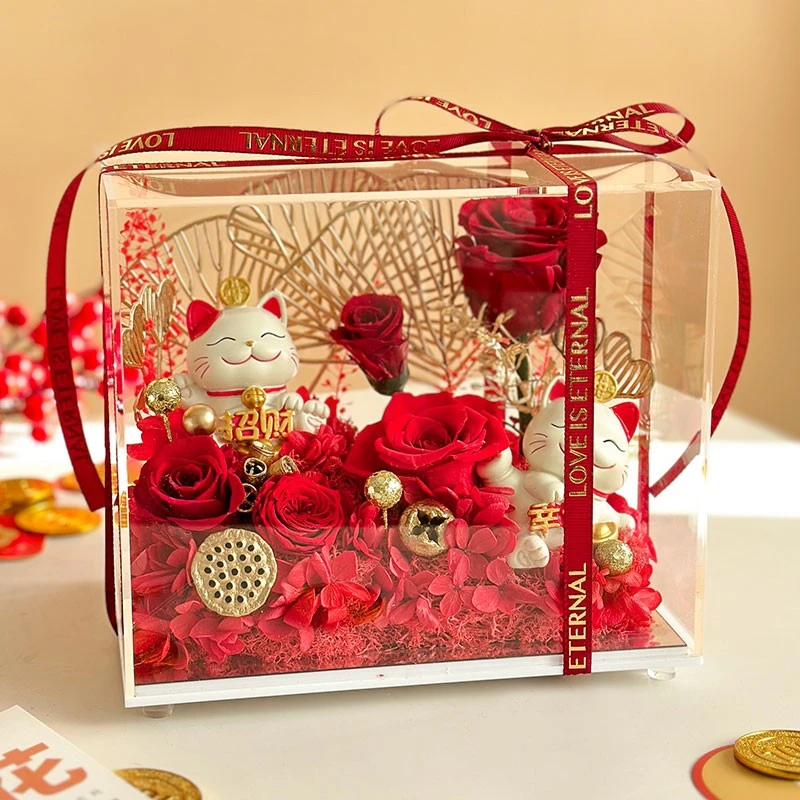 永生花玫瑰招财猫礼盒家居摆件生日开业情人节送女友客户领导礼物