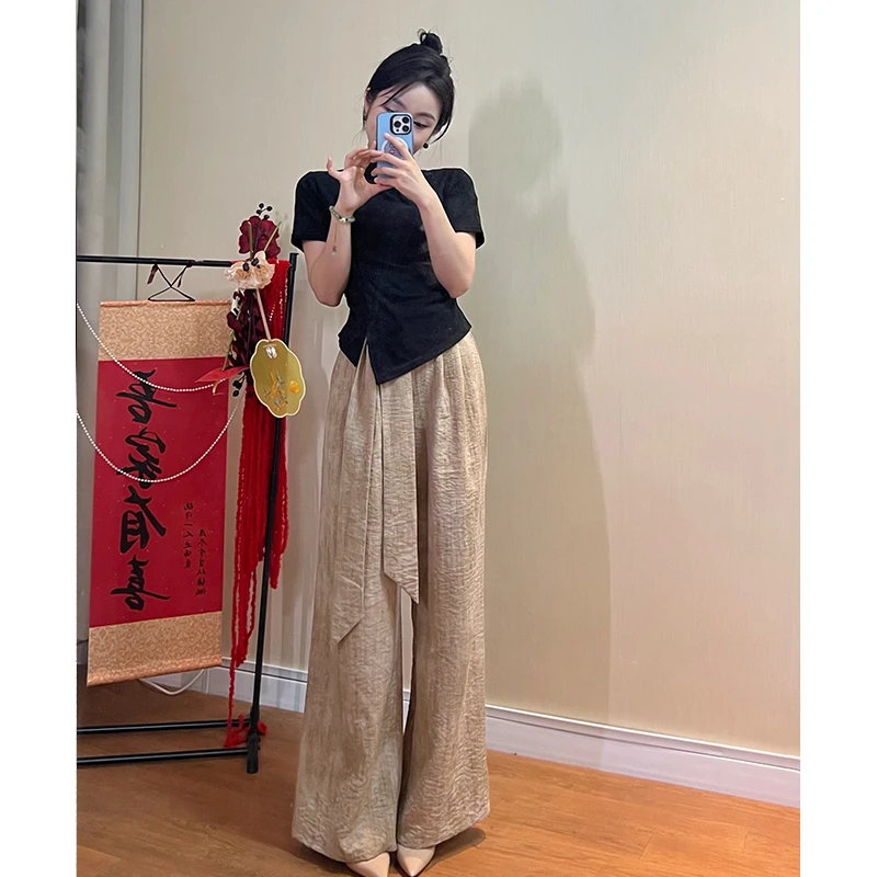 新中式国风立领镂空短袖T恤女夏季高腰晕染阔腿长裤时尚两件套装