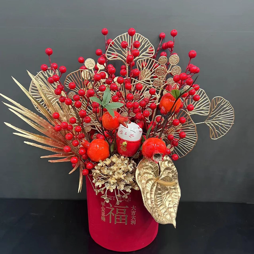 大号福桶红浆果石榴插花喜庆仿真花艺摆件新年乔迁春节节日装饰品