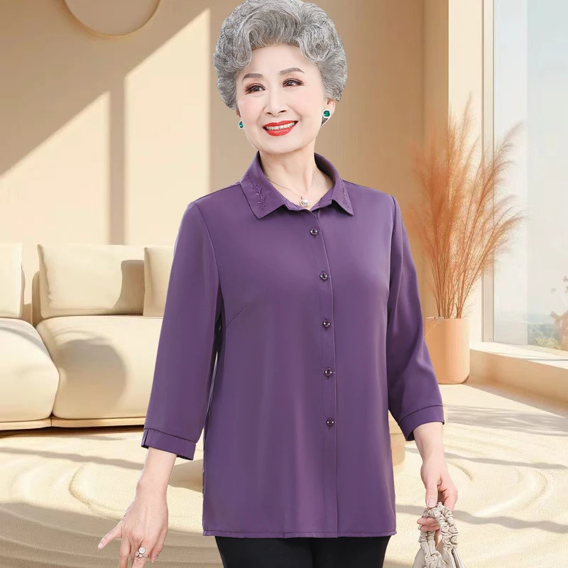 新款衬衫女春夏季洋气七分袖开衫上衣中老年妈妈夏装大码衬衣