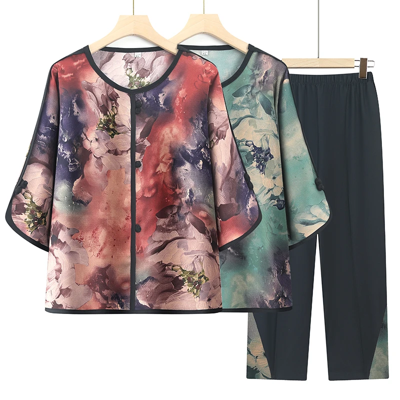 奶奶装夏季t恤两件套妈妈装中老年夏装女七分袖大码套装老人衣服