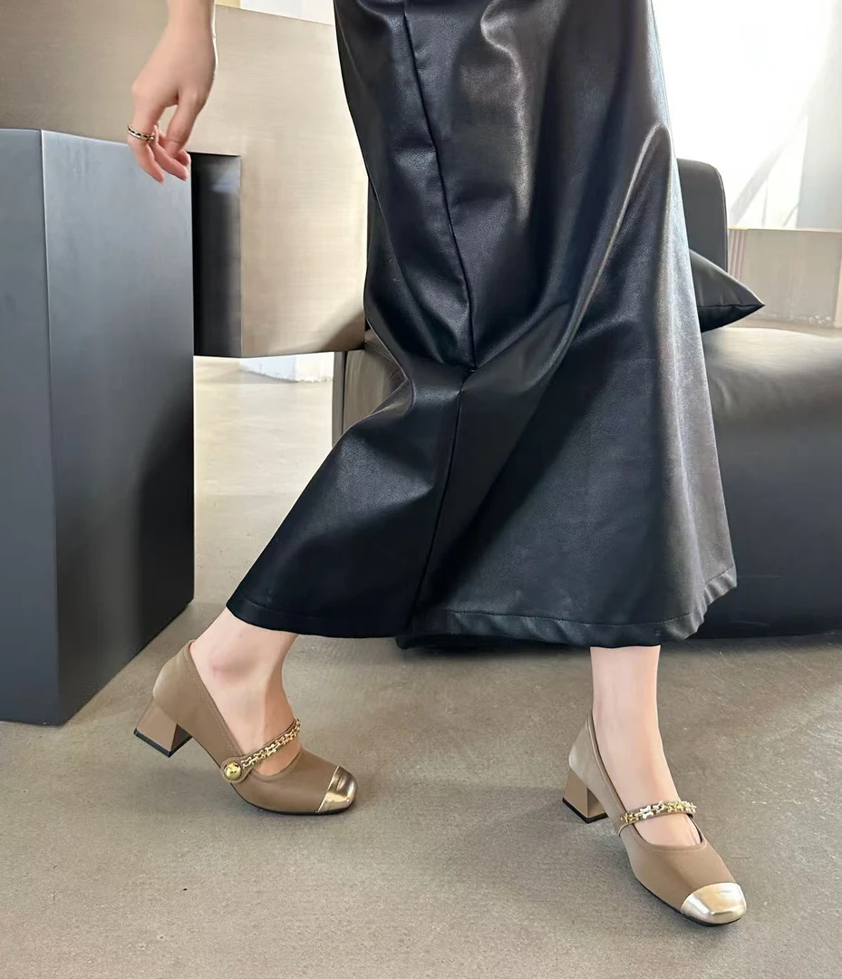 韩版时尚新款方头粗跟单鞋设计感单鞋陌兰5568-5（no退no换）