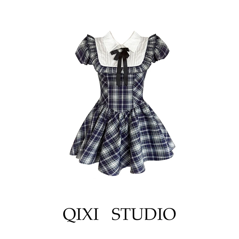艾利斯顿 复古格纹学院风假两件连衣裙女夏季甜美千金公主蓬蓬裙