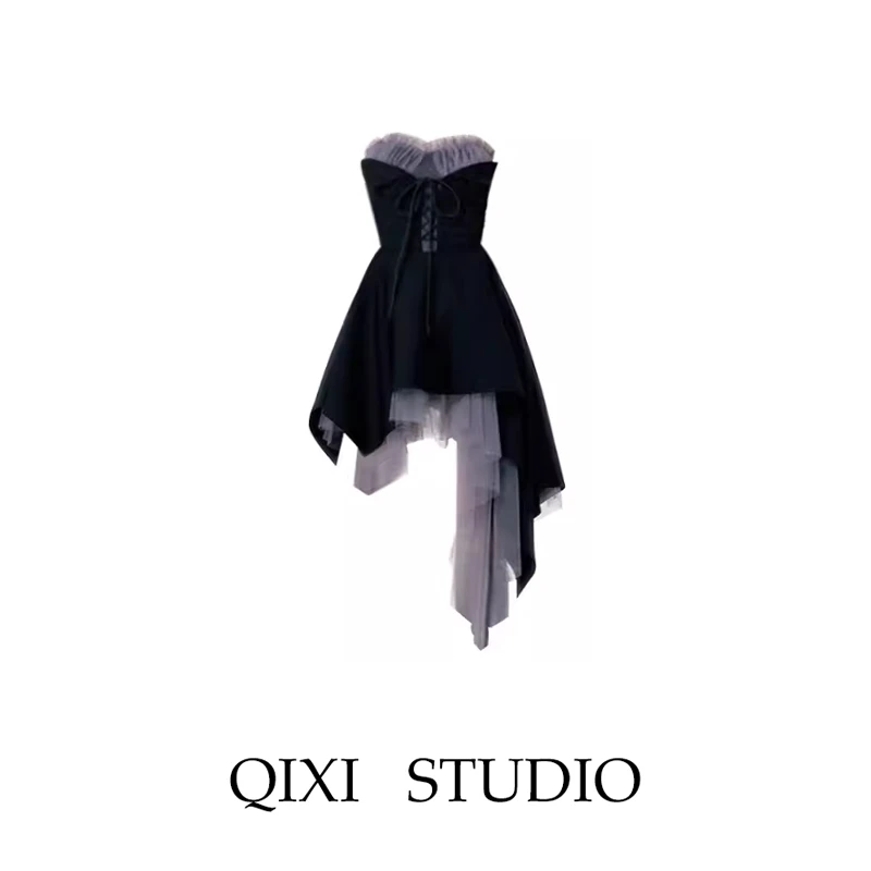 暗黑重工小众设计感灰紫纱浪漫不规则抹胸连衣裙女夏季