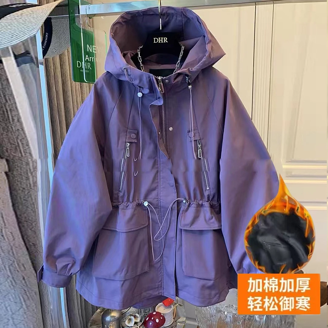 大码女装2025新款秋冬新款加厚加棉风衣外套胖妹妹中长款连帽