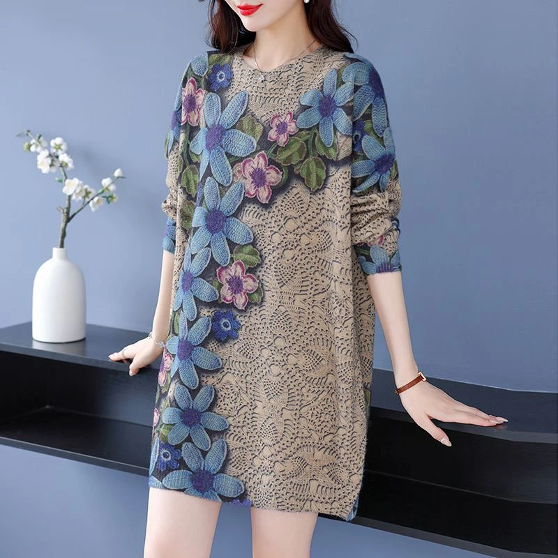 欧货宽松大码时尚印花洋气衫女秋新款妈妈装中长款毛衣打底衫