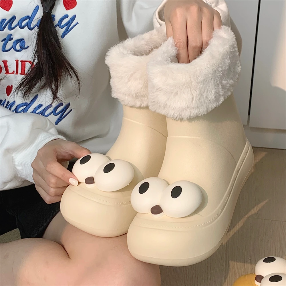 冬季防水防滑户外中筒靴搞怪大眼睛雪地靴女保暖加绒加厚东北棉鞋
