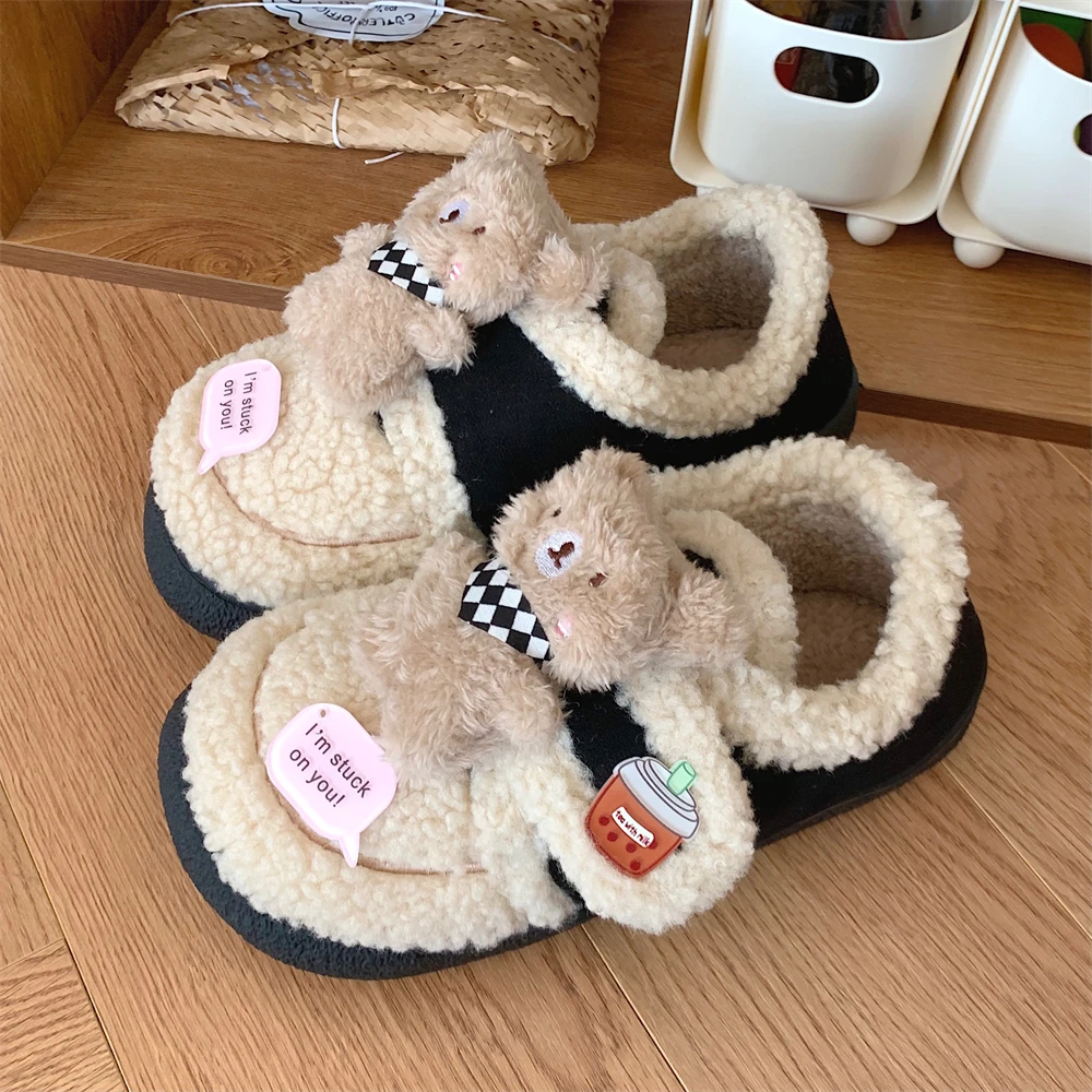 女冬季百搭时尚趣味可爱小熊亲子乐福豆豆鞋保暖防滑百搭户外棉鞋