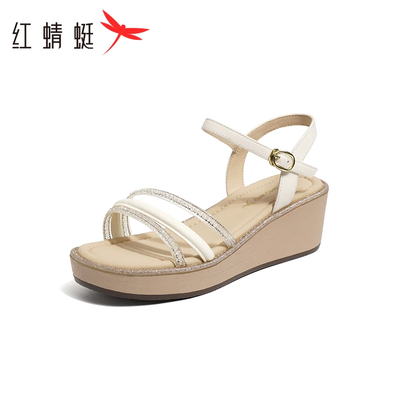 红蜻蜓坡跟凉鞋女2025夏季新款厚底增高一字带舒适透气妈妈女凉鞋