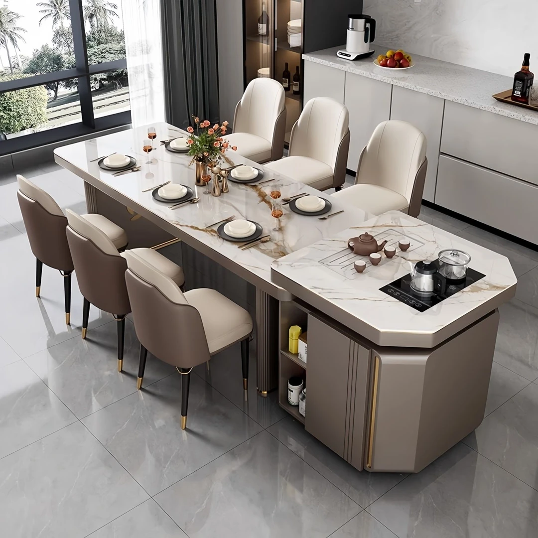 新款岛台一体轻奢高端旋转多功能家用极简岩板现代简约洽谈餐桌椅