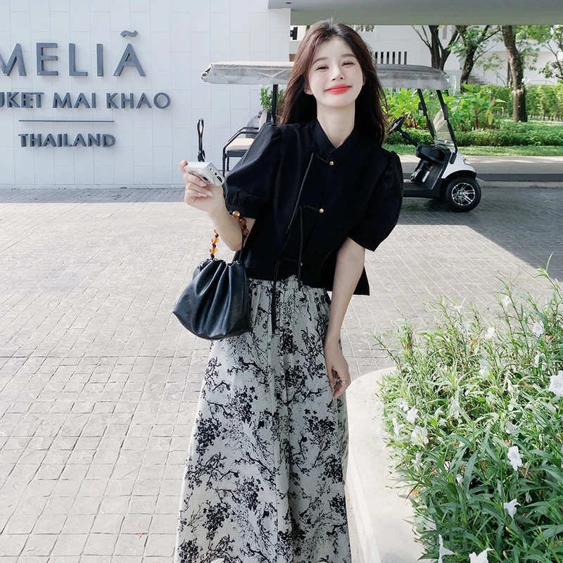 法式设计感时尚套装裙女2025夏季新款提花小衫水墨画半身裙两件套