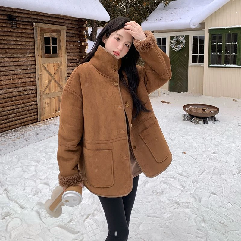 两面穿麂皮绒皮毛一体仿羊羔毛外套女冬季2024新款机车服爆款时髦