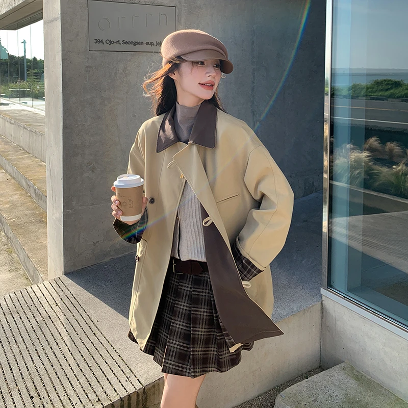 卡其色休闲复古拼接风衣女短款2025春秋新品韩系小个子英伦风外套