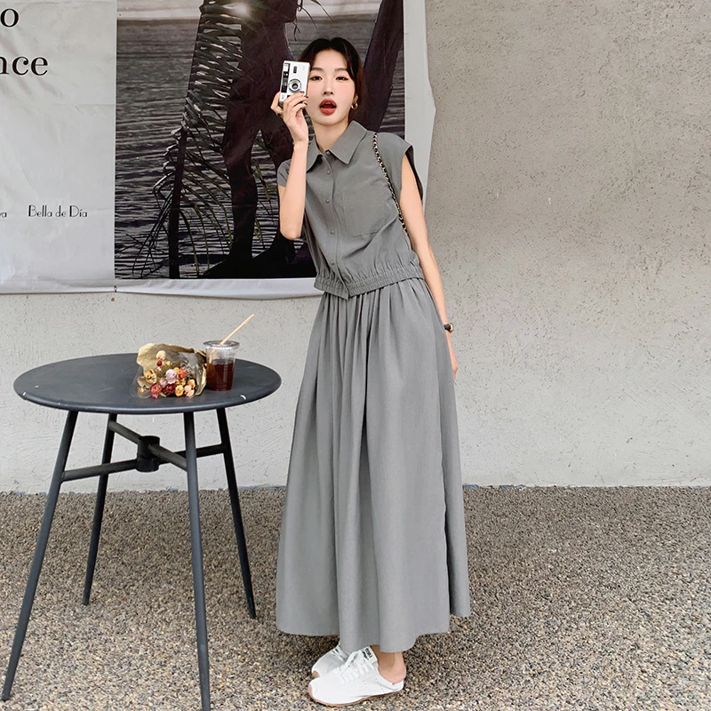 美式灰色减龄衬衫套装裙女夏季2024薄款设计感无袖衬衣搭配两件套