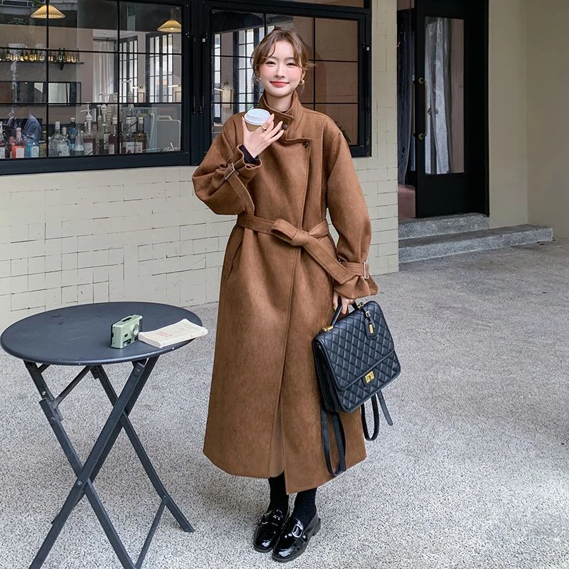 棕色高级感派克服外套女2024冬季韩系保暖加厚仿兔毛内胆长款大衣
