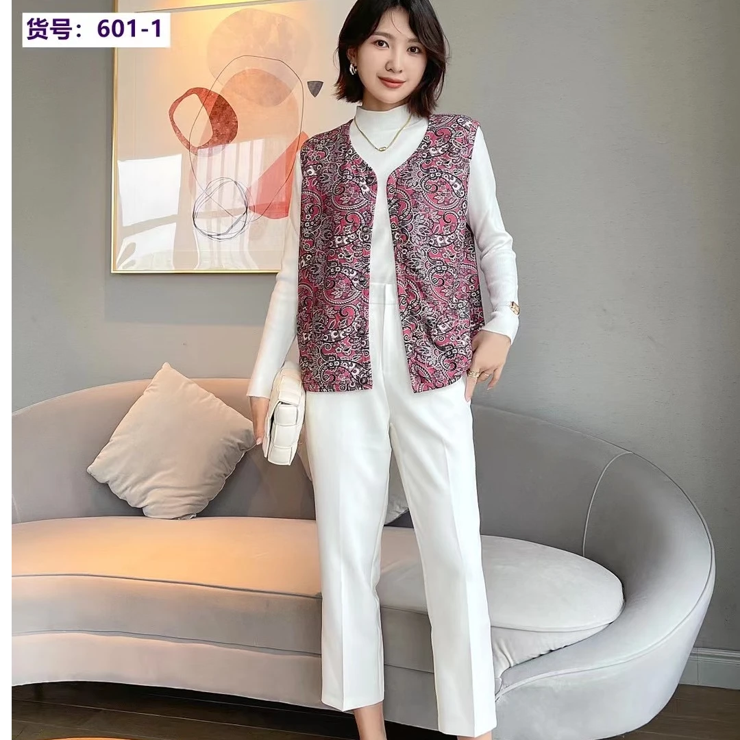 女士加厚桑蚕丝单排扣V领印花宽松百搭保暖马甲上衣BX125