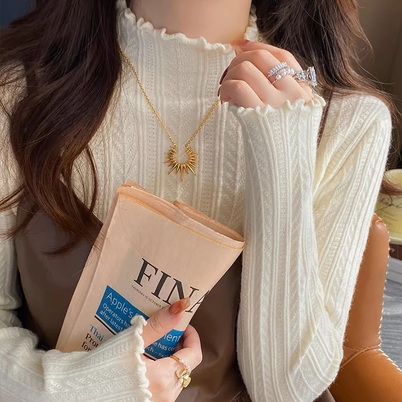 白色打底衫女秋冬季内搭2024新款半高领木耳边针织衫中领长袖毛衣