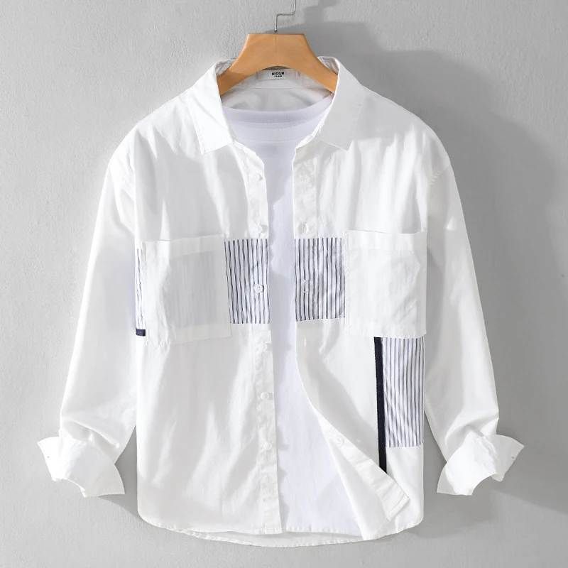 春秋季男装拼接长袖衬衫潮流休闲宽松舒适拼色流行百搭高端白衬衣