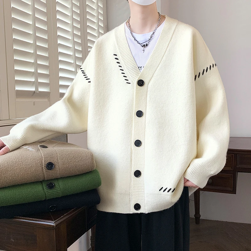 秋冬时尚开衫毛衣外套秋新款宽松V领长袖针织纯色休闲潮流打底衫