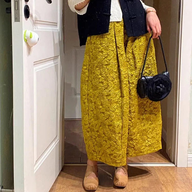 2024新中式九分裤阔腿裤女高级感提花高腰显瘦宽松休闲新款裤子