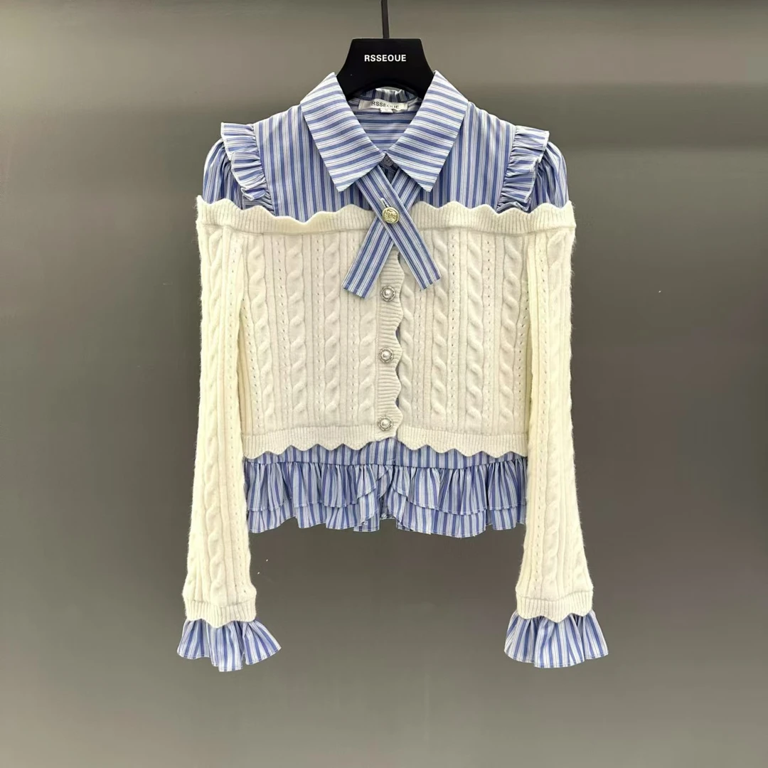 千金风假两件毛针织衫女24秋季新款白色拼接设计感衬衫上衣