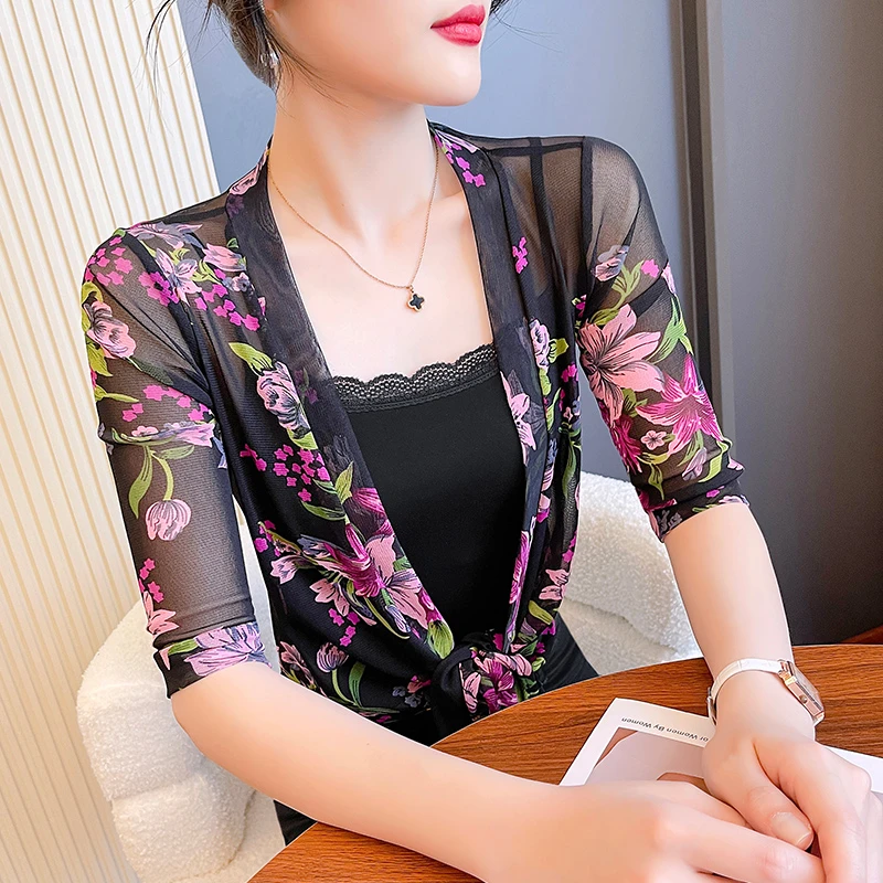 吊带外搭开衫夏季小披肩网纱薄款复古防晒罩衫百搭印花洋气外套