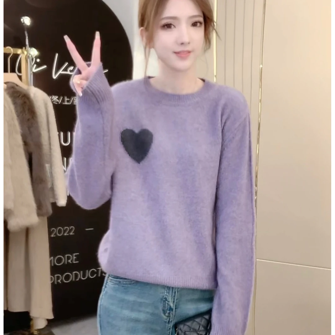 【绮可儿】春秋新款韩版刺绣爱心慵懒风针织衫圆领百搭减龄毛衣