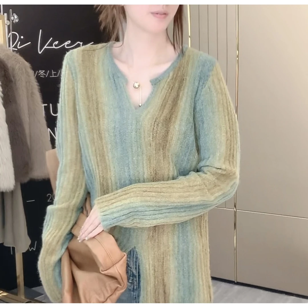 【绮可儿】春秋新款修身套头渐变扎染毛衣女百搭显瘦V领针织衫