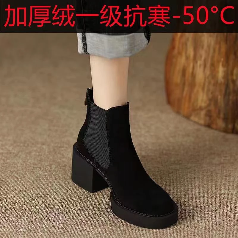 红蜻蜓牌磨砂切尔西短靴女英伦风厚底增高时装靴2023秋冬新款东北