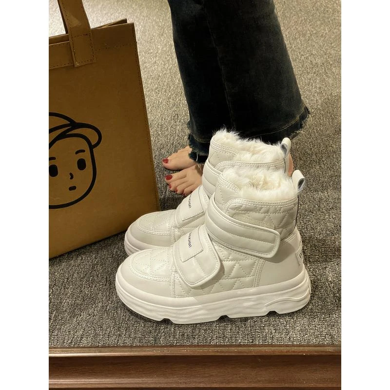 红蜻蜓牌加绒加厚羽绒防水雪地靴女2023新款冬季魔术贴厚底白色棉